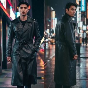 Vintage 90s-Y2K Long Black Belted Leather Trench Coat Removable Liner Y3K Vibes